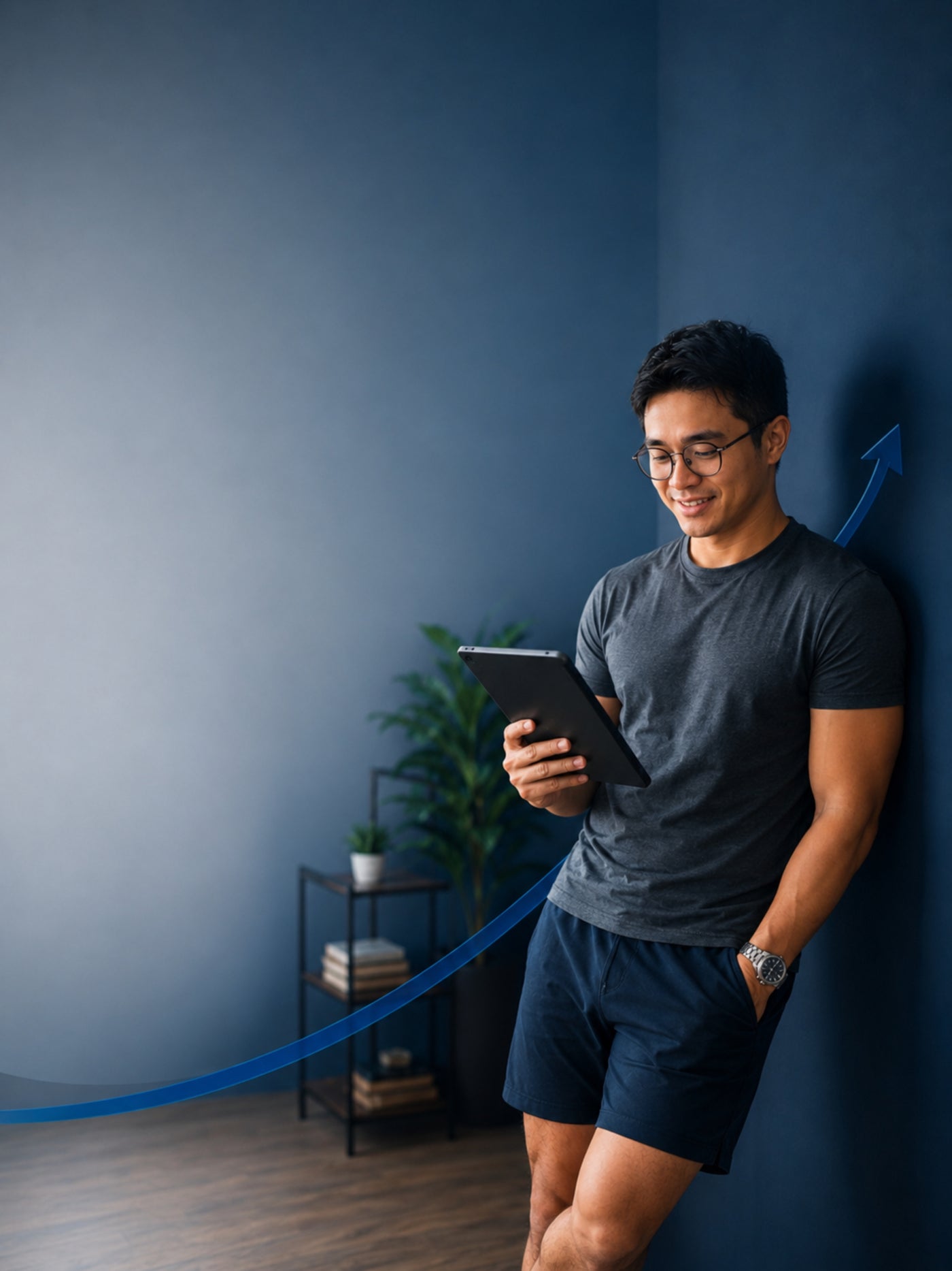 Man leaning against a blue wall holding a tablet, with a plant and shelves in the background.